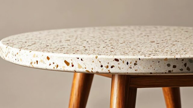 A close-up of a round table with a terrazzo top and wooden legs