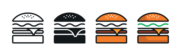 Vector Cheeseburger Flat Icons Set on White Background. Simple Fast Food Burger Illustration for Web, Menu, Branding, Logo, App.
