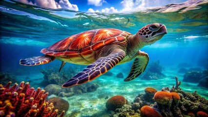 Obraz premium Vibrant Red Stripe Turtle Swimming Gracefully in Clear Blue Water of Tropical Coral Reef Environment