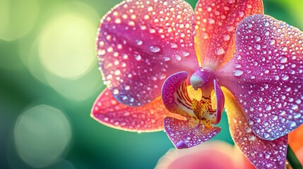 Close-up of a pink orchid flower with water droplets on its petals, blurred green background.