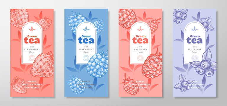 Tea Labels Vector Set. Fruit and Berries Tea Packaging Design Layouts Bundle. Modern Typography, Hand Drawn Tea Leaves, Strawberry, Blueberry and Raspberry Silhouettes Beverage Backgrounds Isolated