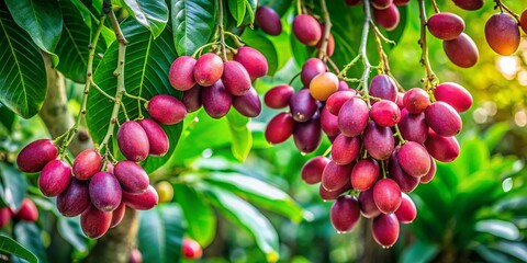 Vibrant Spondias Purpurea Fruits Hanging from Lush Green Tree Branches in Tropical Environment