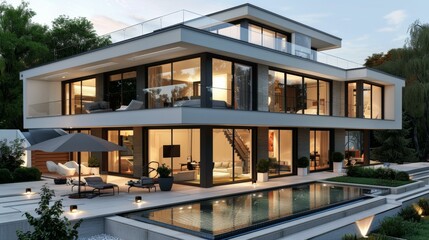 Fototapeta premium Modern Luxury House Exterior with Swimming Pool