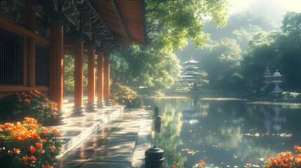 Tranquil Asian Garden with Pagoda and Pond Illustration