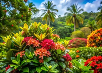 Vibrant Tropical Evergreen Shrub with Brightly Colored Flowers in Lush Green Environment