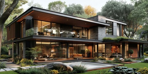 Obraz premium Modern Luxury House in a Forest Setting