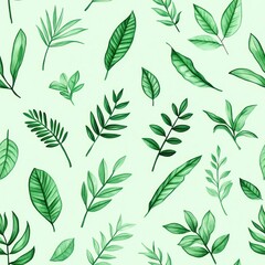 Various green leaves on a soft pastel background.