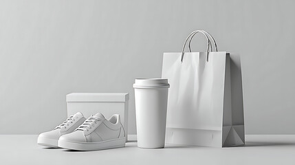 Mockup of an empty white shoe box with lid and a white paper shopping bag and an empty sports cup