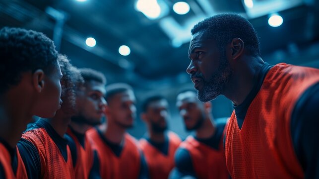 A basketball coach gives instructions to his team during a timeout,  while standing in a huddle.