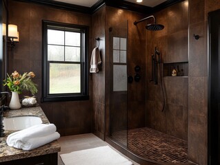 Contemporary bathroom featuring chocolate walls, a walk-in shower, and black fixtures