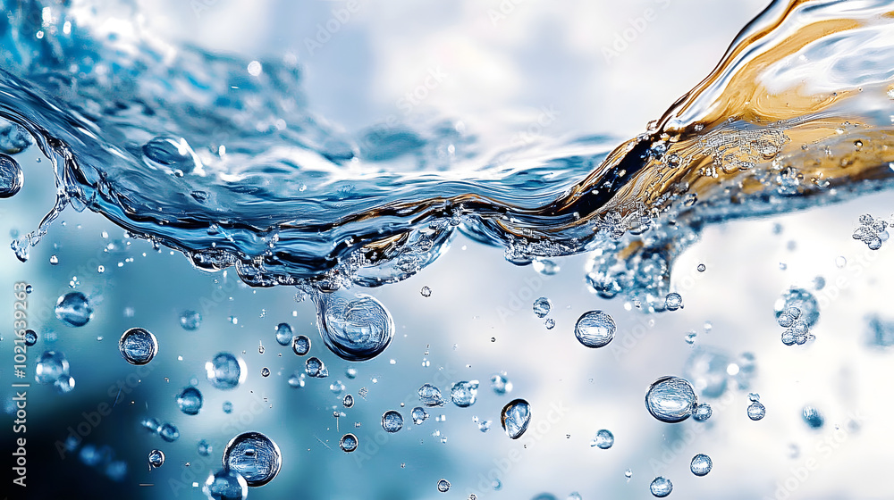 Poster a close-up of water with bubbles on both its surface and at the bottom