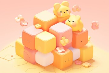 Obraz premium 3D Rendered Abstract Pastel Colored Blocks With Flowers and Bears