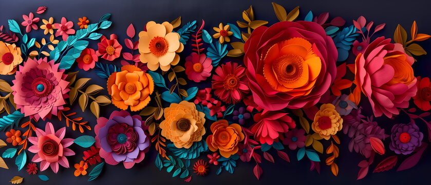 Mexico flowers ornament. Panel of cut out paper bright flowers, texture, background.