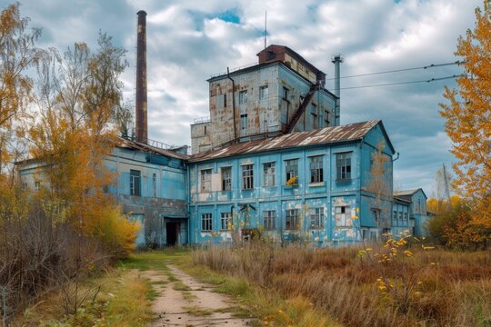 Old factory building with broken windows from the soviet era is slowly being reclaimed by nature