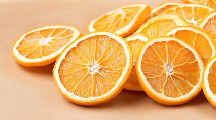 Fototapeta premium A collection of dried orange slices sits beautifully on parchment paper in the oven, highlighting the art of food preservation and enhancing flavors.