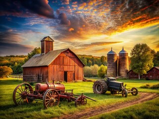 Obraz premium Vintage Farm Landscape with Rustic Barns, Old Equipment, and Rolling Fields Capturing Nostalgic Agricultural Heritage