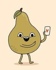 Retro fruit  character illustration. Funny pear with phone isolated vector illustration.