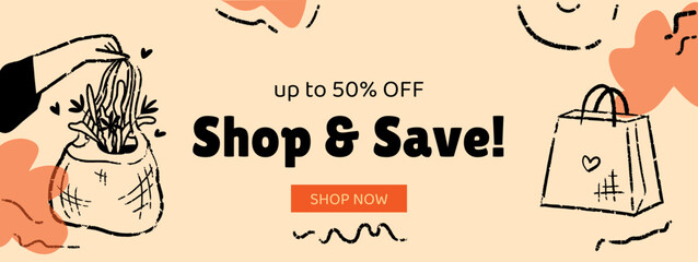Sale web banner template. Special offer with doodle vector illustrations of shopping bags. Header concept. 