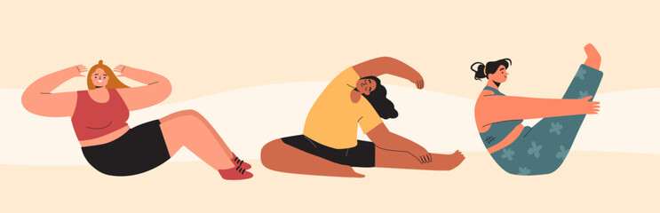 Diverse women with curvy body type doing fitness exercises. Set of body positive female characters. Vector hand drawn illustration