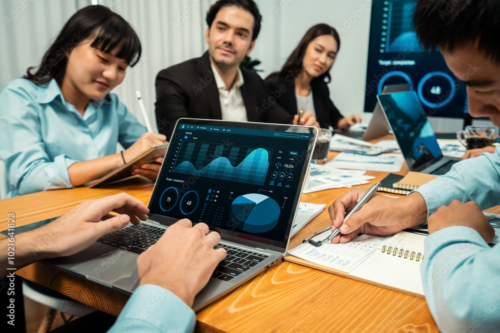 Poster financial data analysis dashboard by fintech bi or business intelligence display on laptop screen to