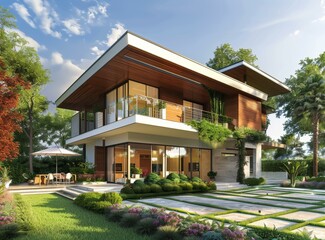 Modern House Exterior Design with Lush Landscaping