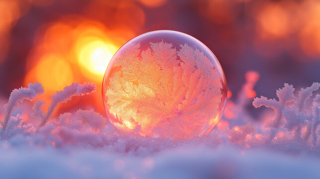 Frozen Bubble During Winter Sunrise with Frosty Leaf Patterns on Snow