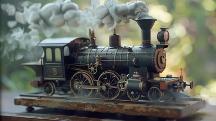 Naklejka premium A miniature steam engine train model with smoke billowing from the chimney, creating a sense of motion and nostalgia.