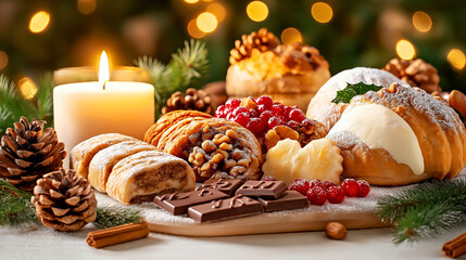 Festive Holiday Dessert Spread with Candles and Pine Cones on Wooden Board