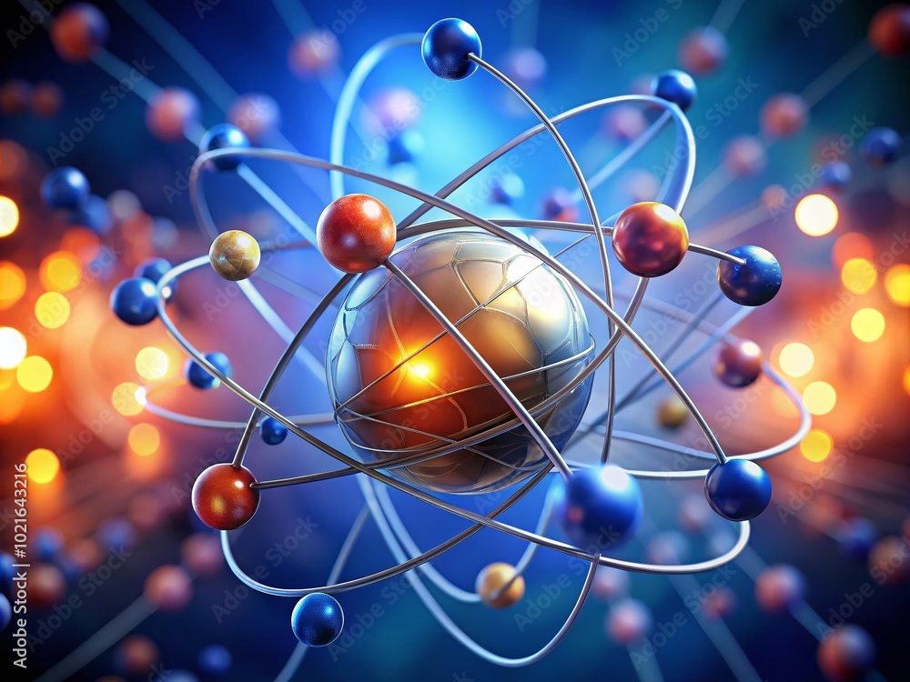 Poster visualization of oxygen atom structure with electrons orbiting nucleus in scientific illustration st