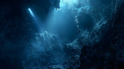Scuba Diver Exploring an Underwater Cave