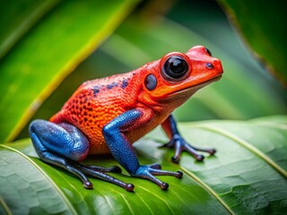 Fototapeta premium Vividly colored poison strawberry frog perched on a lush green leaf in a tropical rainforest setting