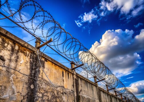 Weathered prison wall with barbed wire and a clear blue sky in the background, emphasizing confinement