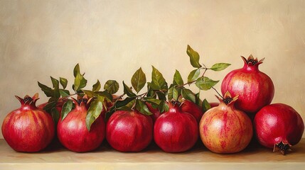   A depiction of several pomegranates adorned with leaves atop them