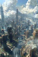 Naklejka premium Futuristic Cityscape Aerial View Illustration
