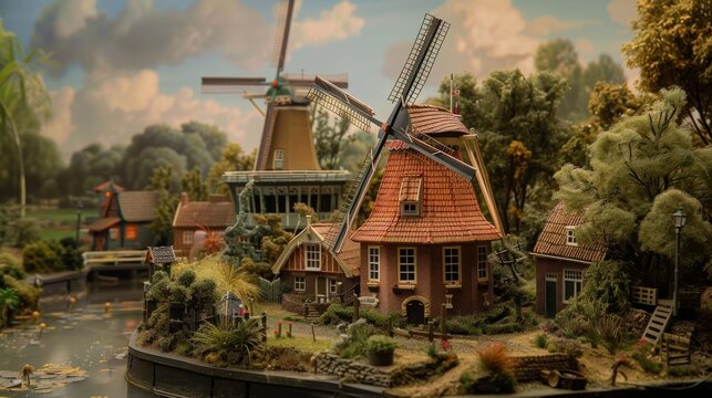 A miniature model of a charming Dutch village with windmills, houses, a river, and lush greenery. The details are intricate and the scene is full of character.