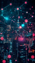 A futuristic city skyline with glowing digital connections, representing the integration of smart technology in urban life