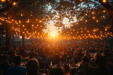 A vibrant crowd gathers under twinkling lights, enjoying live music in a serene outdoor setting during a magical evening