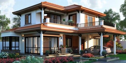 Fototapeta premium Modern Two-Story House Exterior Design Illustration