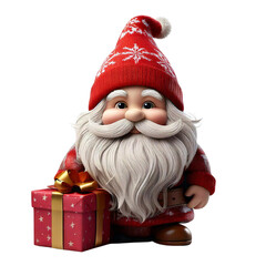 A cartoon gnome with beard and mustache wearing a red hat and green sweater is holding a gift box isolated cutout in transparent background. Concept of Christmas holiday and tradition.