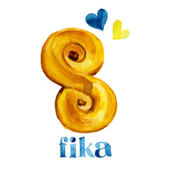 Swedish fika pastry watercolor illustration. Lussekaka - St. Lucia celebration dessert hand painted with hearts