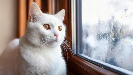 A white cat is sitting in the cozy living room and looking out the window with peaceful and calm. The cat is looking at something outside of the house in the winter.