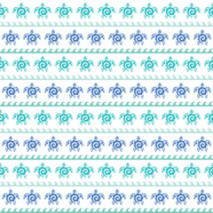 Seamless pattern with sea turtles. Marine life. Maori pattern. Stylish background. Blue and white.