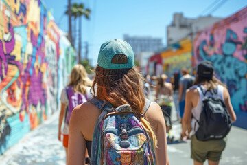 Exploring vibrant street art in a bustling urban environment on a sunny day