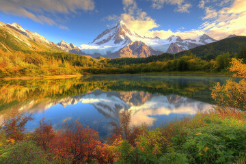 Fototapeta premium A breathtaking mountain landscape. A crystal-clear lake reflects the majestic snow-capped peaks of the mountains, surrounded by lush green forests