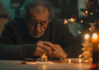 Solitude by the Christmas Lights:  loneliness during Christmas. Elderly people and young individuals experiencing solitude, symbolizing isolation in the holiday season, with decorations, lights