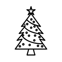 Fototapeta premium Christmas tree icon with a clean black outline, showcasing a classic triangular shape with layered branches and a star on top, symbolizing the holiday spirit and festive celebrations.