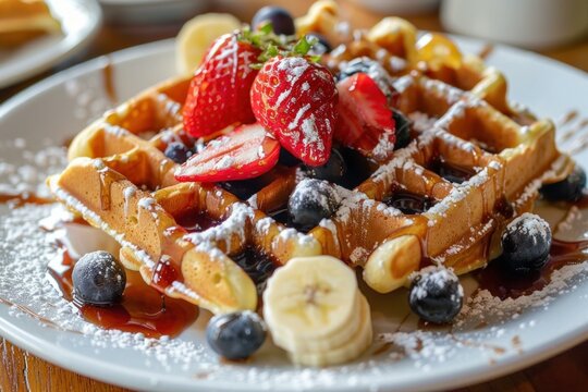 Waffles with syrup, blueberries, strawberries, and banana slices dusted with powdered sugar on a white plate
