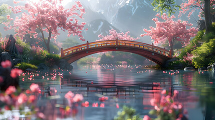 Obraz premium Scenic Bridge Over Tranquil Water 3D Illustration