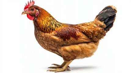 Fototapeta premium A brown hen with a red comb and wattles stands on a white background.