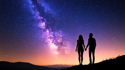Fototapeta premium Silhouetted Couple Under Starry Night Sky with Milky Way, AI